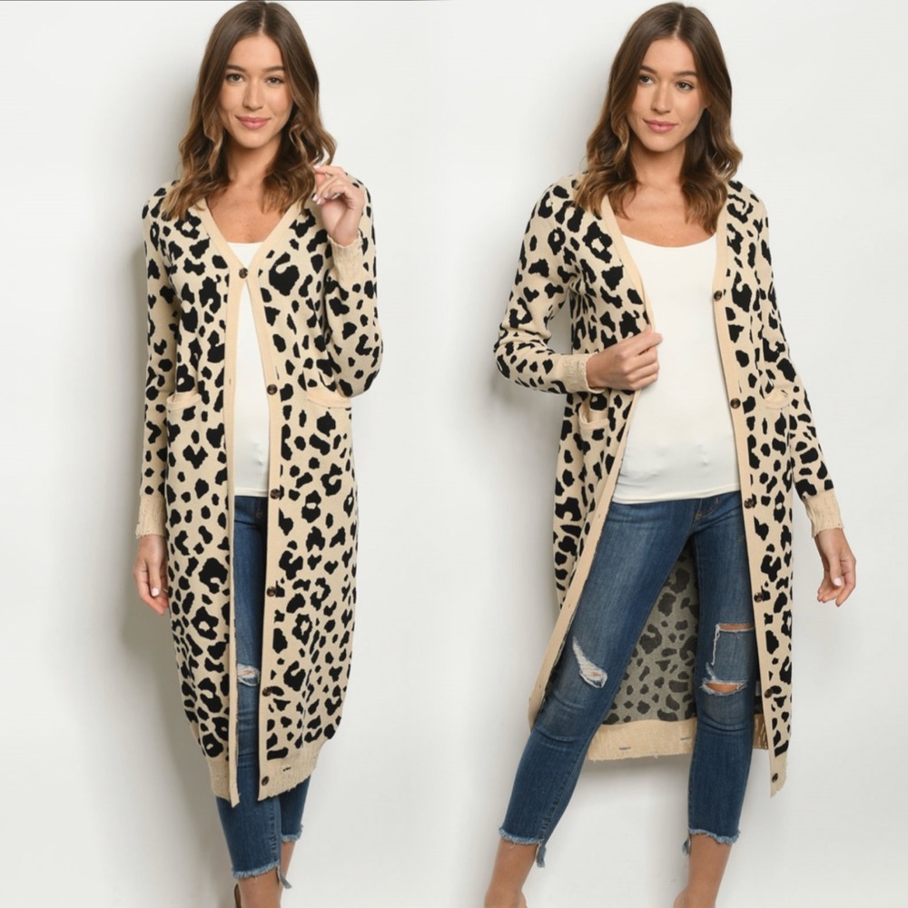 Leopard Print Long Cardigan Button down Sweater